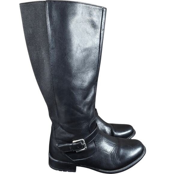 Clarks Riding Boots Womens 7W Wide Plaza Pilot Black Leather Stretch Equestrian - Picture 1 of 12